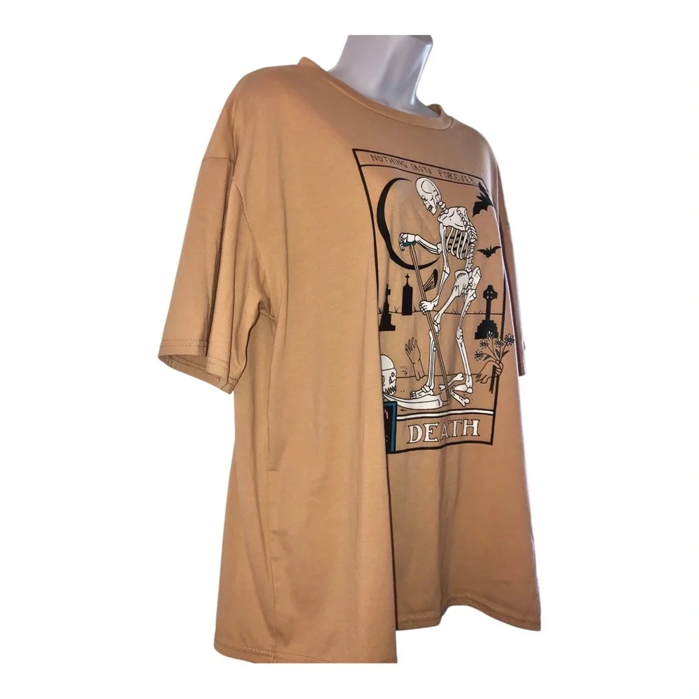 Romwe T Shirt Size Large Brown Stretch Tarot Death Cotton Blend Graphic Print - Picture 3 of 10
